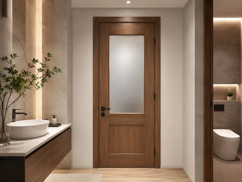 Mẫu cửa composite kết hợp kính mờ phù hợp cho nhà vệ sinh hoặc phòng tắm thiếu sáng tự nhiên.