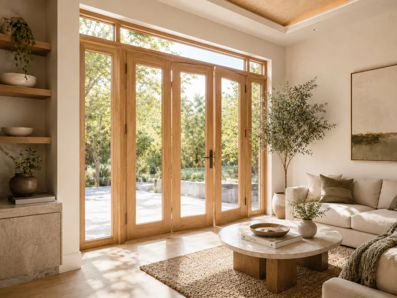 Mẫu cửa gỗ chèn kính tạo cảm giác thoáng rộng nhưng vẫn giữ vẻ ấm áp của chất liệu gỗ.