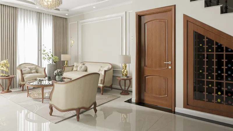 Mẫu cửa gỗ nội thất có pano, phào chỉ phù hợp với phong cách hiện đại pha tân cổ điển.