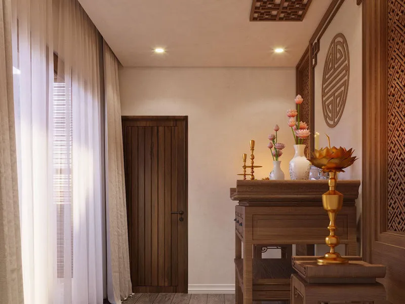 Mẫu cửa gỗ pano đặc với tông nâu trầm phù hợp cho phòng thờ nhà phố, biệt thự và nhà truyền thống.