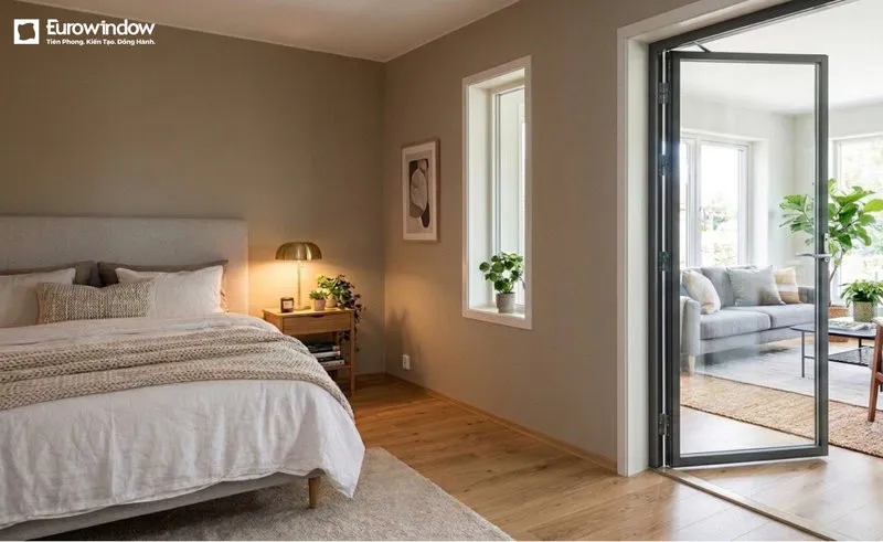 Thiết kế mở quay ngoài 180 độ giúp cửa đi nhôm 1 cánh mở quay ngoài tối ưu diện tích và thuận tiện cho lối đi hẹp