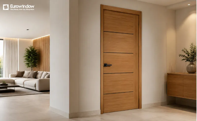 Các đường chỉ ngang trên bề mặt vân gỗ giúp cánh cửa thêm thanh thoát và hiện đại. (Nguồn: Eurowindow)