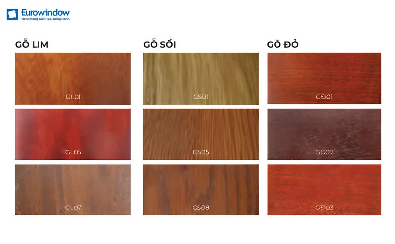 Các mẫu gỗ và veneer Eurowindow đa dạng màu sắc, vân gỗ, phù hợp với nhiều phong cách thiết kế nội thất