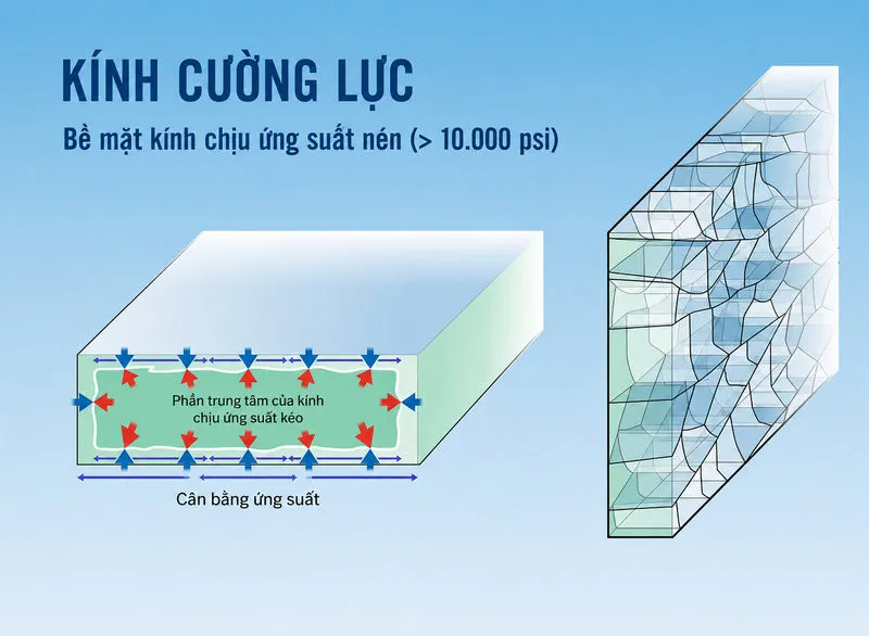 Cấu tạo kính cường lực với lớp bề mặt chịu ứng suất nén và phần lõi chịu ứng suất kéo