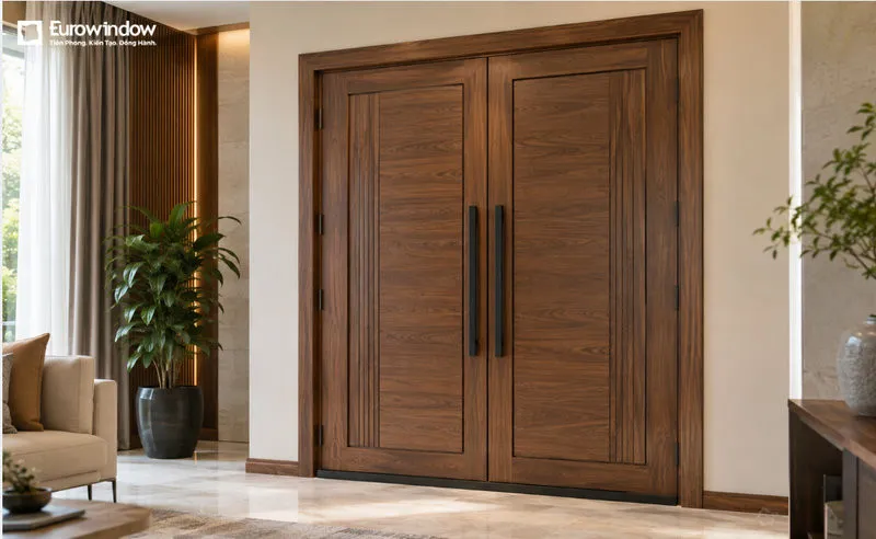 Cửa 2 cánh pano vân gỗ tạo vẻ sang trọng, cân đối cho lối vào phòng khách. (Nguồn: Eurowindow)
