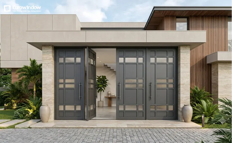 Cửa chính nhôm kính kèm pano tạo bố cục cân đối và điểm nhấn chắc chắn cho mặt tiền (Nguồn: Eurowindow)