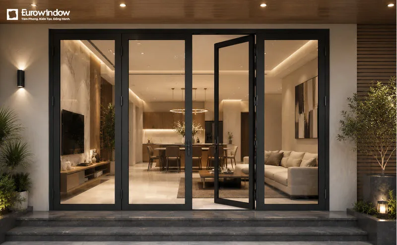 Cửa đi 4 cánh mở vào trong kết hợp kính lớn, tăng ánh sáng tự nhiên (Nguồn: Eurowindow)