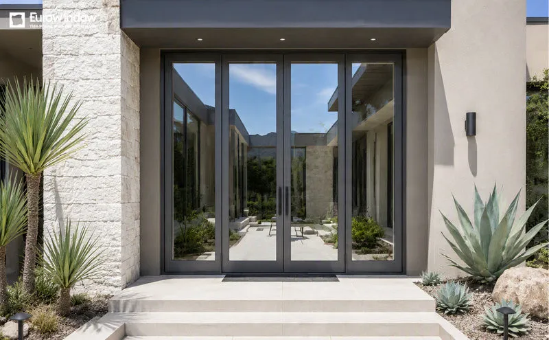 Cửa đi mở quay 4 cánh màu xám ghi cho nhà phố hiện đại (Nguồn: Eurowindow)