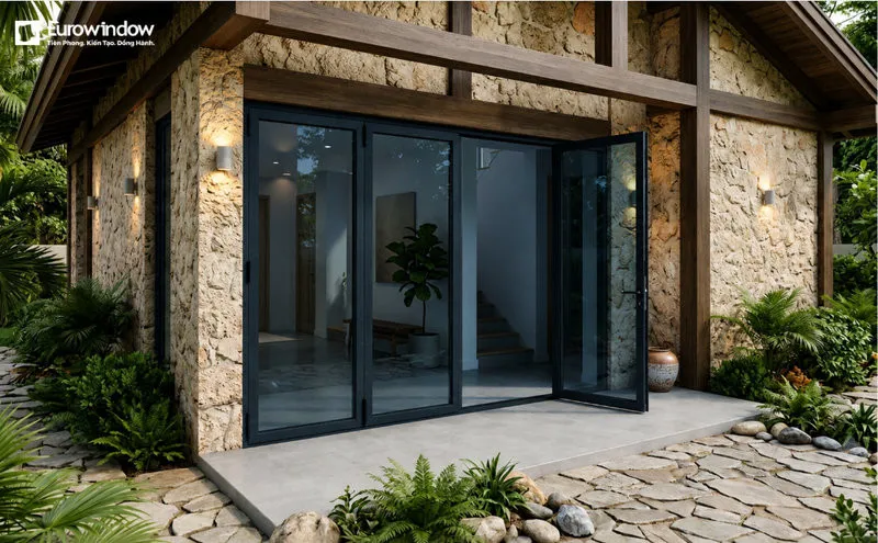 Cửa đi nhôm kính xanh đen 4 cánh mở quay, mang đến vẻ đẹp hiện đại và chắc chắn cho mặt tiền công trình. (Nguồn: Eurowindow)