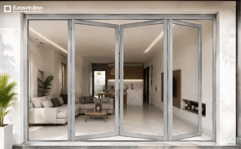 Cửa đi nhôm màu ghi xám 4 cánh mở xếp
