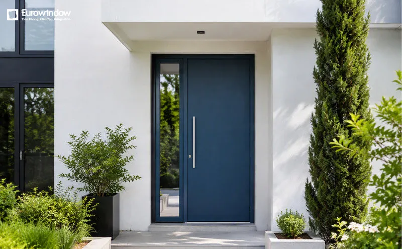 Cửa đi nhôm màu xanh 1 cánh thiết kế gọn gàng cho nhiều không gian (Nguồn: Eurowindow)