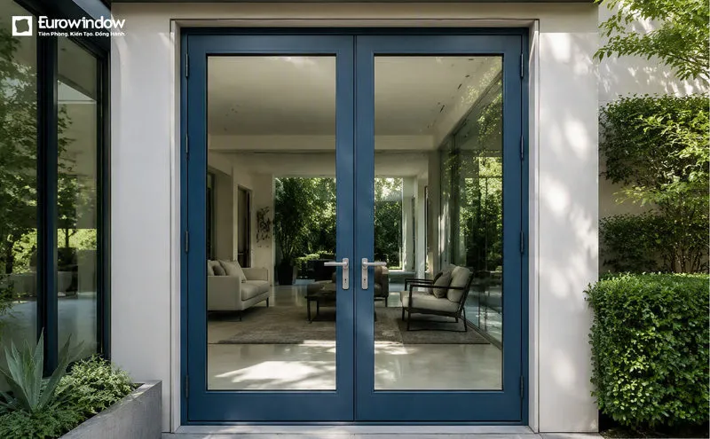 Cửa đi nhôm màu xanh 2 cánh tạo bố cục cân đối cho mặt tiền (Nguồn: Eurowindow)