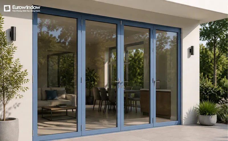 Cửa đi nhôm màu xanh 4 cánh phù hợp với ô chờ có kích thước lớn (Nguồn: Eurowindow)