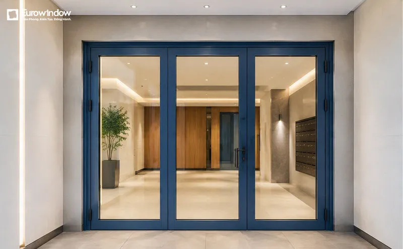 Cửa đi nhôm màu xanh kết hợp kính an toàn tạo vẻ chắc chắn cho công trình (Nguồn: Eurowindow)