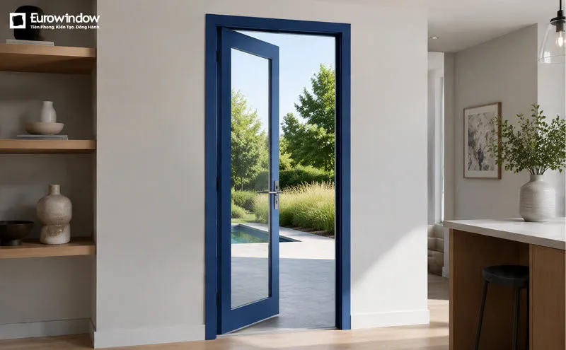 Cửa đi nhôm màu xanh kính cường lực tạo điểm nhấn hiện đại cho mặt tiền (Nguồn: Eurowindow)