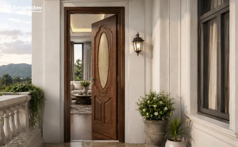 Cửa gỗ 1 cánh kết hợp kính lớn giúp ban công đón ánh sáng tự nhiên (Nguồn: Eurowindow)