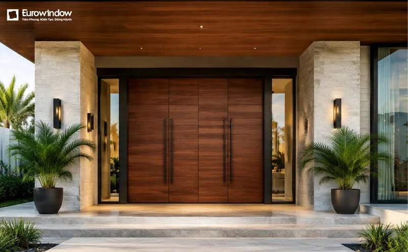 Cửa gỗ 4 cánh giúp tổng thể kiến trúc thêm đẳng cấp và hài hòa (Nguồn: Eurowindow)