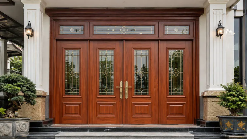 Cửa gỗ 4 cánh kết hợp các ô kính giúp tăng khả năng lấy sáng cho khu vực sảnh chính (Nguồn: Eurowindow)