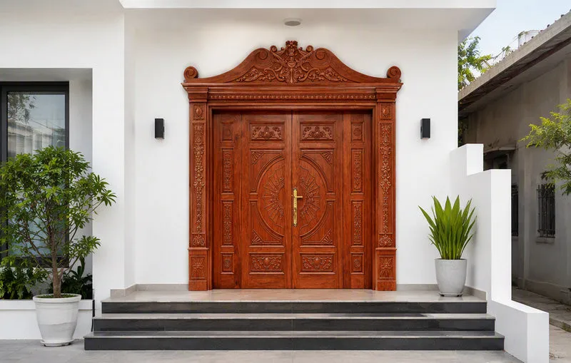 Cửa gỗ gõ đỏ phối kính Tân cổ điển với thiết kế sang trọng