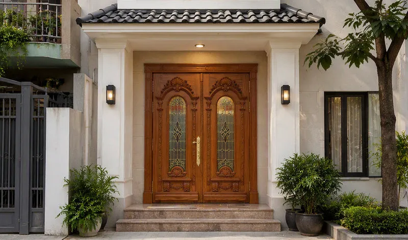 Cửa gỗ Tân cổ điển kết hợp kính hoa văn tạo sự hài hòa giữa vẻ đẹp cổ điển và khả năng lấy sáng tự nhiên (Nguồn: Eurowindow)