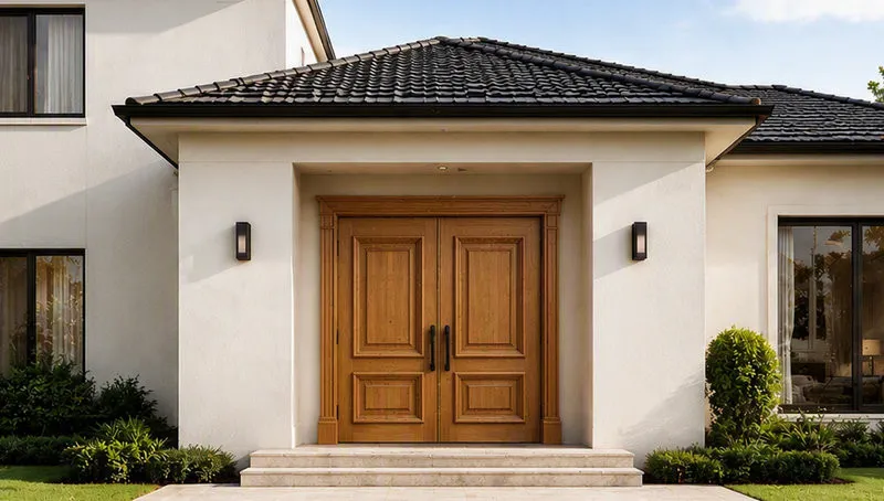Cửa gỗ Tân cổ điển kết hợp pano với bố cục cân đối, tạo chiều sâu và điểm nhấn cho cánh cửa (Nguồn: Eurowindow)