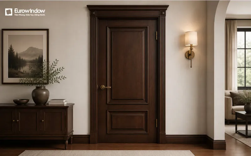 Cửa gỗ tự nhiên màu nâu đen 1 cánh có phào chỉ tinh tế. (Nguồn: Eurowindow)
