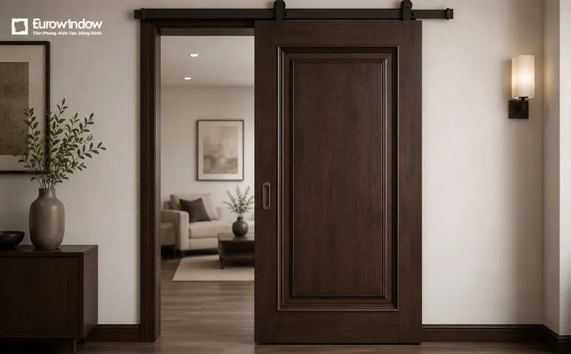 Cửa gỗ tự nhiên màu nâu đen 1 cánh dạng trượt tiện lợi. (Nguồn: Eurowindow)