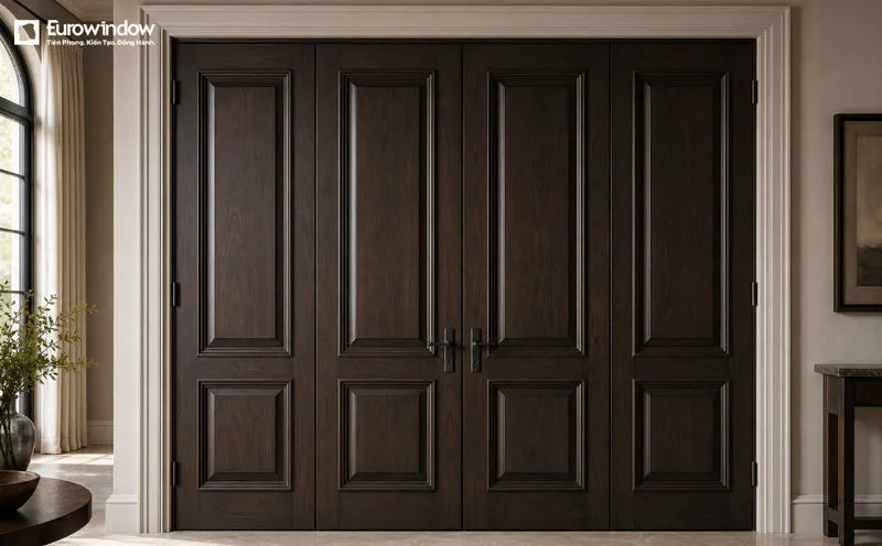 Cửa gỗ tự nhiên màu nâu đen 4 cánh đều, chắc chắn và cân đối. (Nguồn: Eurowindow)