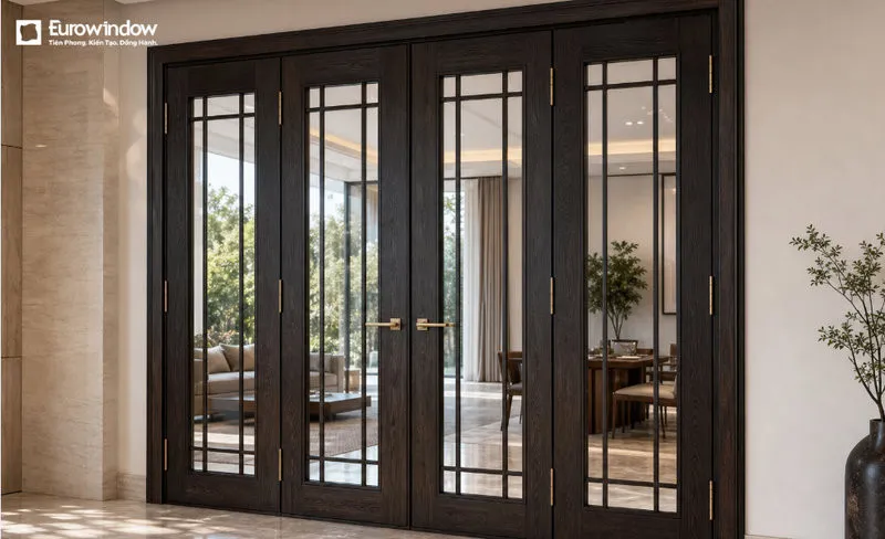 Cửa gỗ tự nhiên màu nâu đen 4 cánh kết hợp kính, sang trọng và thoáng sáng. (Nguồn: Eurowindow)