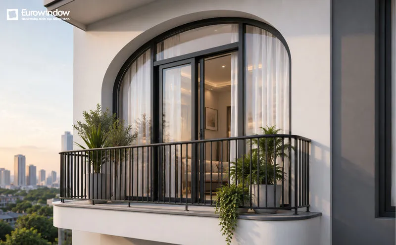 Cửa kính ban công mái vòm giúp không gian thêm ấn tượng và tinh tế (Nguồn: Eurowindow)