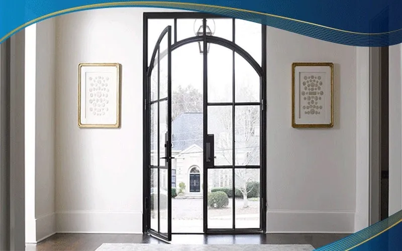 Cửa nhôm 2 cánh mở quay uốn vòm tạo điểm nhấn giúp không gian hiện đại hơn