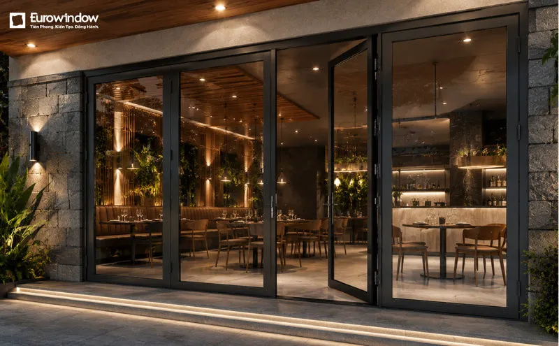 Cửa nhôm 4 cánh giúp mở rộng không gian phục vụ và thu hút khách ngay từ mặt tiền. (Nguồn: Eurowindow)
