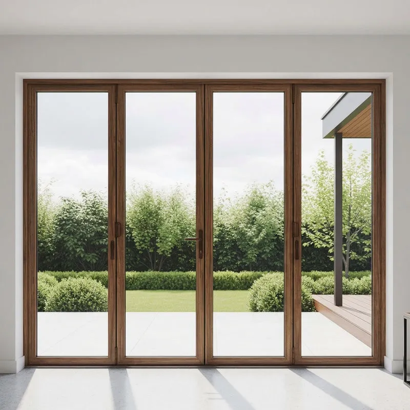 Cửa nhôm 4 cánh màu vân gỗ mang lại cảm giác ấm áp, gần gũi như cửa gỗ tự nhiên. (Nguồn: Internet)