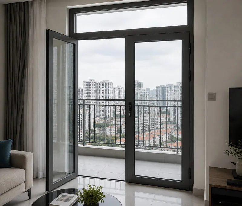 Cửa nhôm đen 2 cánh lắp ở ban công