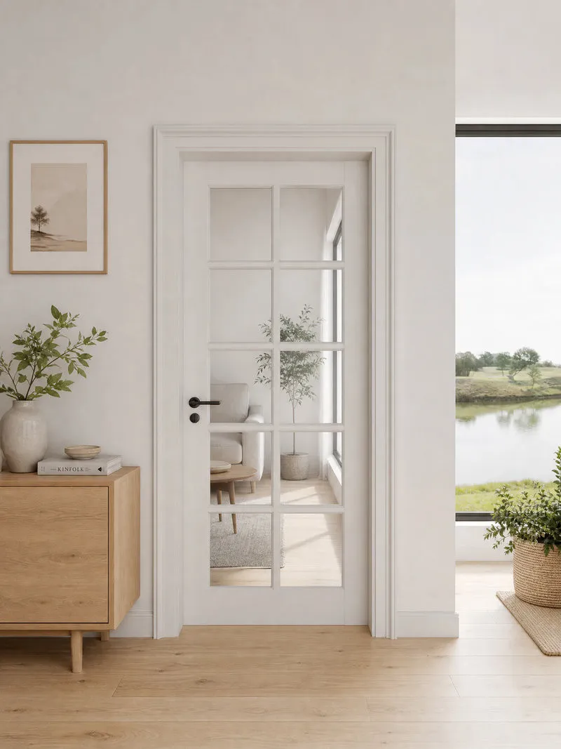 Cửa nhôm kính 1 cánh chia ô màu trắng tạo vẻ đẹp thanh lịch, phù hợp nhiều không gian phòng ngủ
