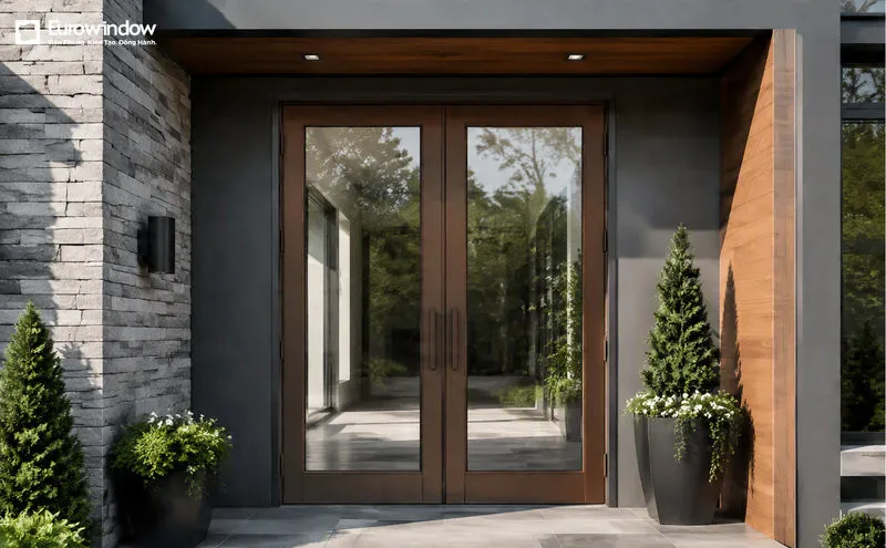 Cửa nhôm kính 2 cánh màu nâu phù hợp với phong cách kiến trúc kết hợp gỗ (Nguồn: Eurowindow)
