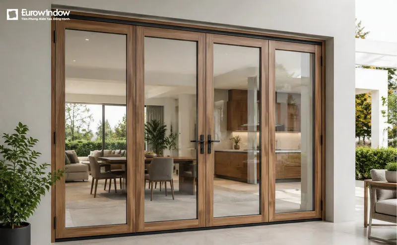 Cửa nhôm kính giả gỗ 4 cánh lắp đặt cho căn phòng có diện tích lớn
