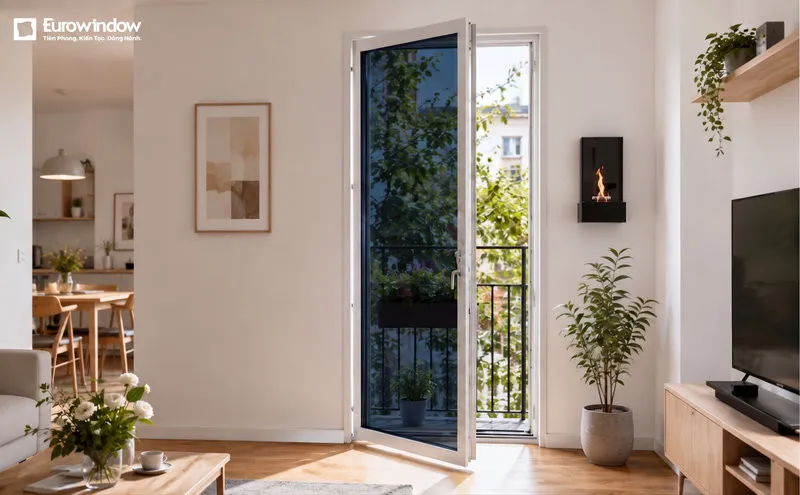 Cửa nhôm kính xanh đen 1 cánh mở quay, tạo điểm nhấn hiện đại cho không gian. (Nguồn: Eurowindow)