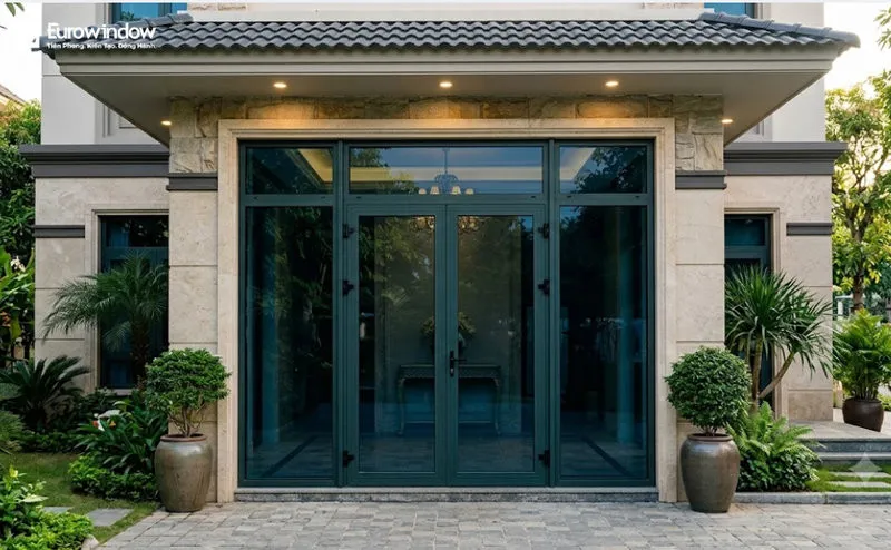 Cửa nhôm kính xanh đen 4 cánh mang đến vẻ đẹp hiện đại, hài hòa với tổng thể kiến trúc biệt thự. (Nguồn: Eurowindow)