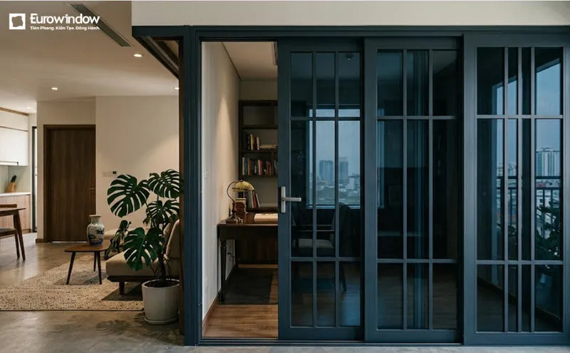 Cửa nhôm kính xanh đen thông phòng dạng lùa giúp phân chia không gian linh hoạt mà vẫn đảm bảo độ thông thoáng và ánh sáng. (Nguồn: Eurowindow)