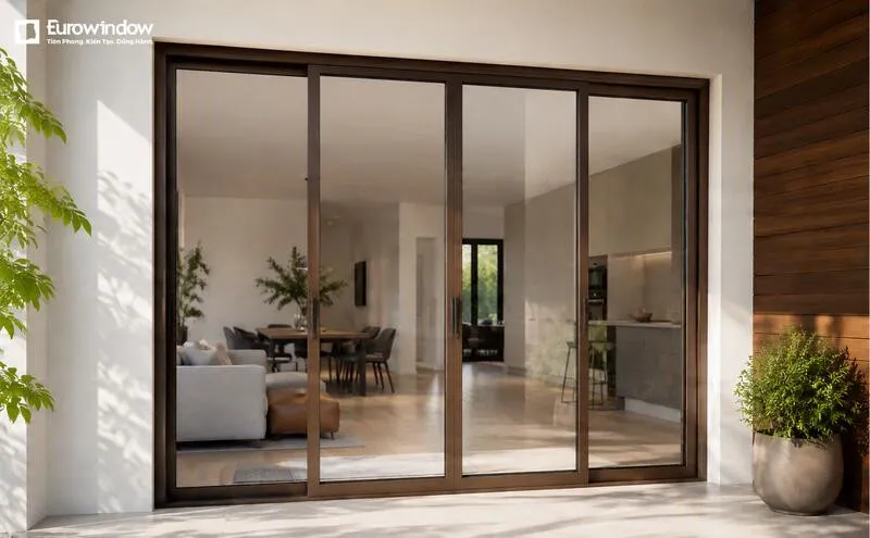 Cửa nhôm màu cà phê 4 cánh trượt vừa đơn giản lại sang trọng (Nguồn: Internet)