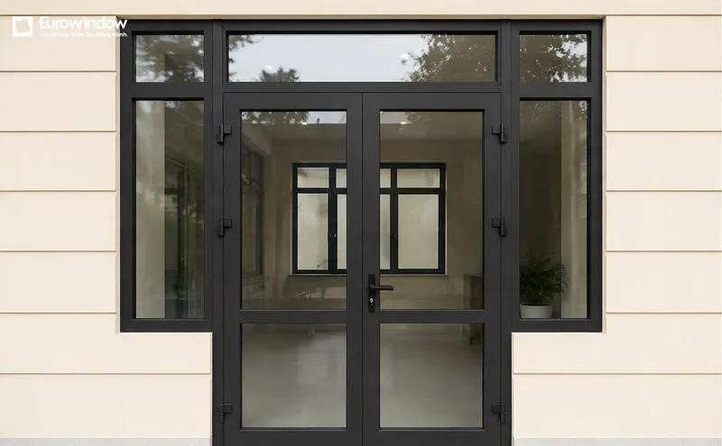 Cửa nhôm màu đen 2 cánh kết hợp dạng cửa lửng