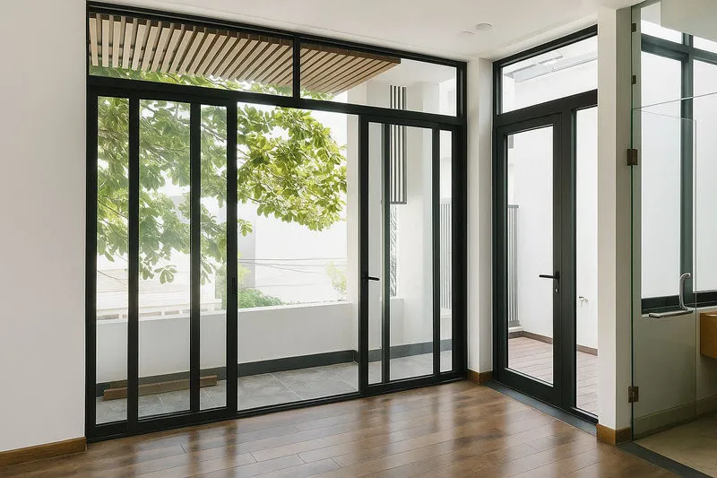 Cửa nhôm màu đen 4 cánh kết hợp vách cố định