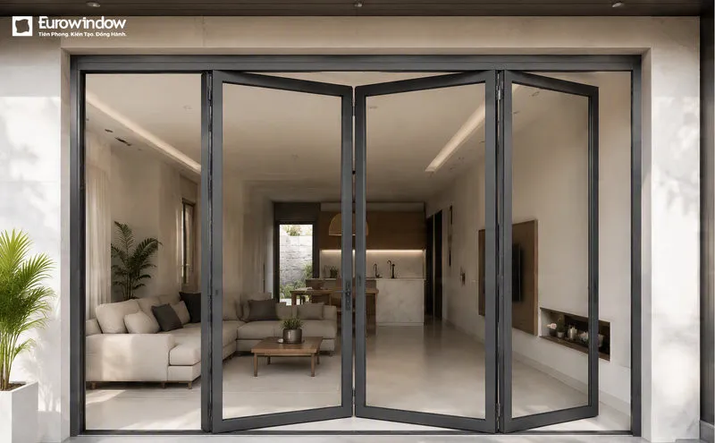 Cửa nhôm màu ghi xếp trượt 4 cánh thường được lắp đặt tại không gian lớn, vừa tăng tính thẩm mỹ, vừa mở rộng tầm nhìn