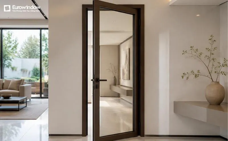 Cửa nhôm màu nâu cà phê ứng dụng làm cửa đi trong nhà