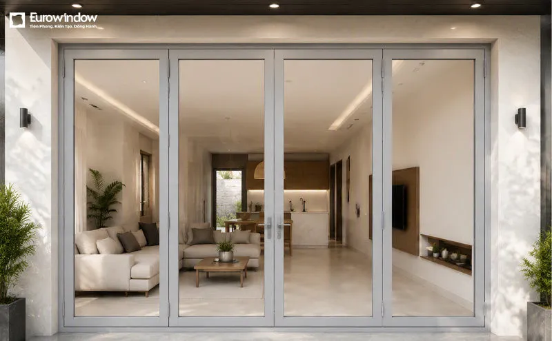 Cửa nhôm màu xám ghi 4 cánh làm cửa chính