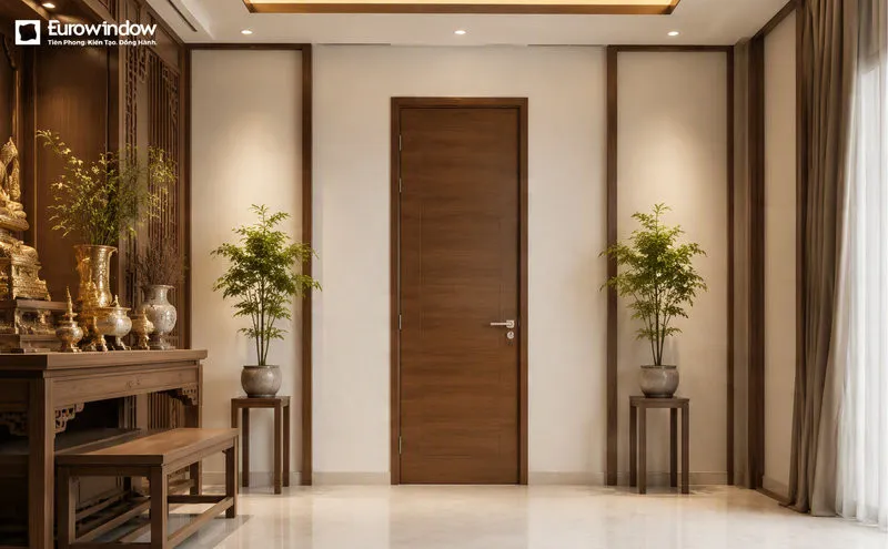 Cửa phòng thờ bằng gỗ màu nâu đậm phù hợp với không gian sử dụng nội thất gỗ (Nguồn: Eurowindow)
