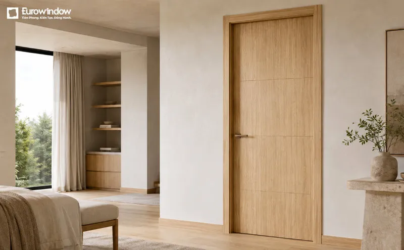 Cửa phủ Veneer tông sáng góp phần duy trì vẻ thoáng đãng, trang nhã cho phòng ngủ. (Nguồn: Eurowindow)