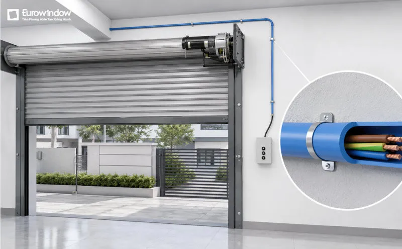 Dây điện nên được luồn trong ống bảo vệ và bố trí cách xa ray, trục cuốn cũng như khu vực có nguy cơ ngập nước. (Nguồn: Eurowindow)