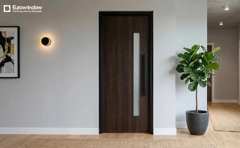 Điểm nhấn kính dọc trên cánh cửa vừa tạo nét hiện đại vừa hỗ trợ lấy sáng cho căn phòng. (Nguồn: Eurowindow)